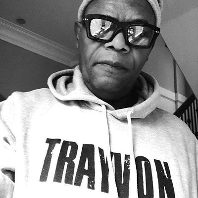 Actor Samuel L. Jackson poses in Liberated People casual activism apparel brand Our Son Trayvon hoodie, supporting social justice causes The Trayvon Martin Foundation.